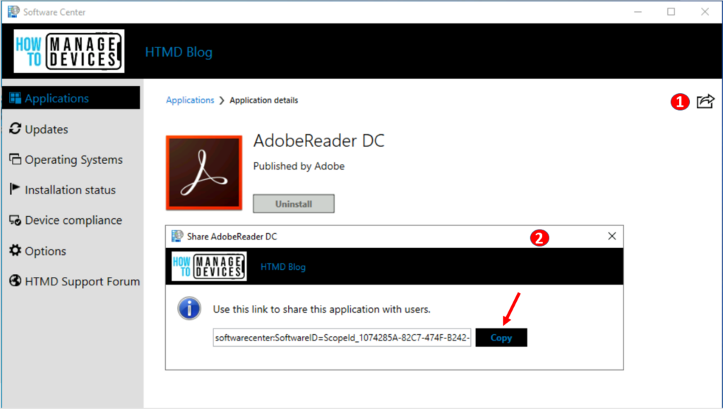 Click Copy - Share Application from SCCM Software Center 