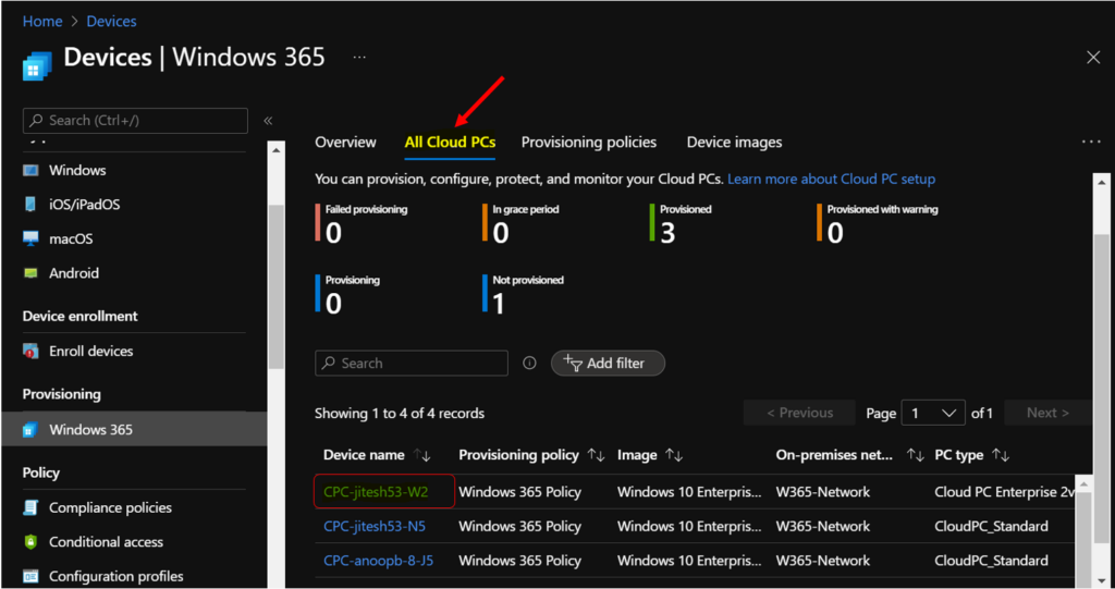 Windows 365 > All Cloud PCs - Cloud PC Remote Actions Windows 365 Device Actions Using Intune Fig 2