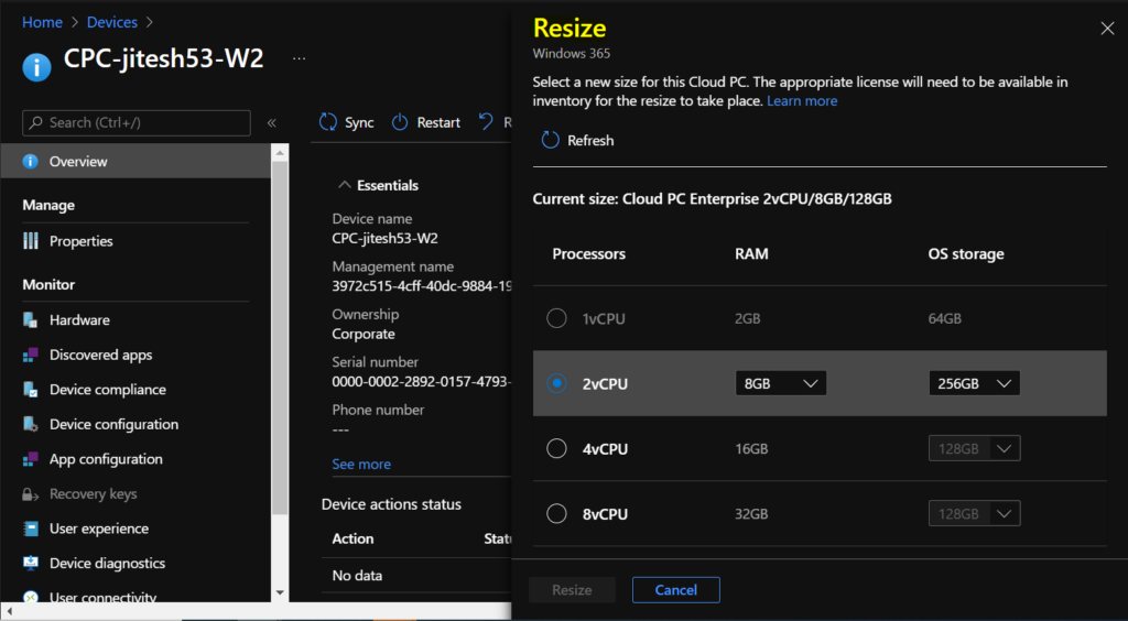 Cloud PC Resize - Cloud PC Remote Actions Windows 365 Device Actions Using Intune Fig 6