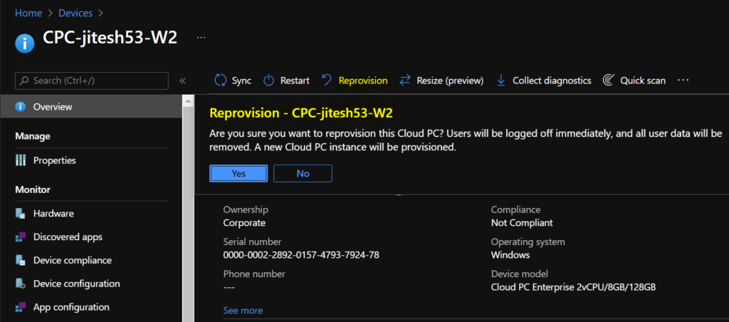 Reprovision Cloud PC - Cloud PC Remote Actions Windows 365 Device Actions Using Intune Fig 4