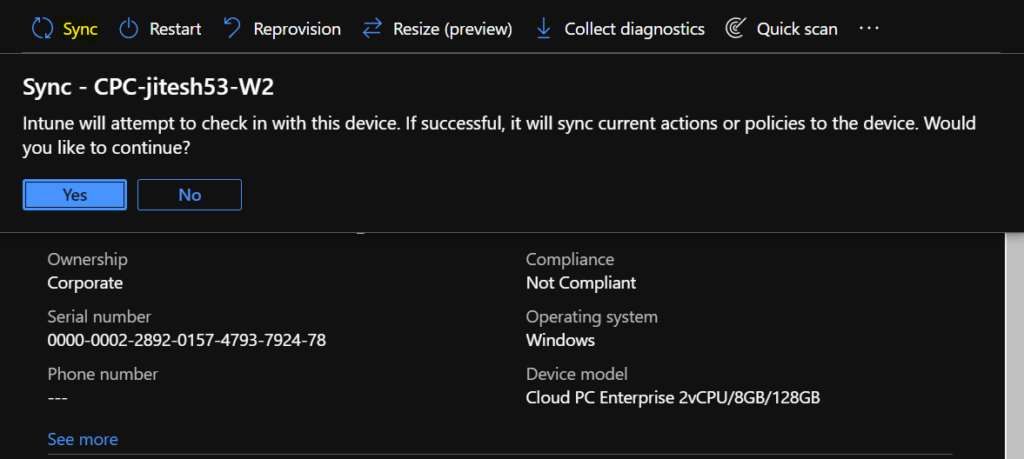 Sync Cloud PC - Cloud PC Remote Actions Windows 365 Device Actions Using Intune Fig 3