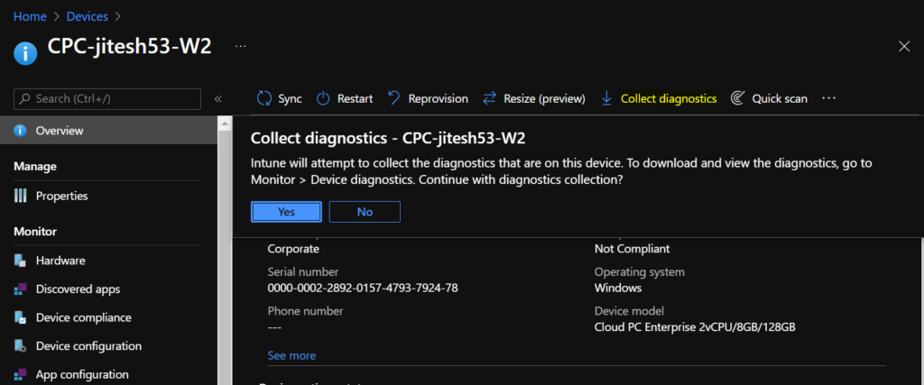 Collect diagnostics Cloud PC - Cloud PC Remote Actions Windows 365 Device Actions Using Intune Fig 7