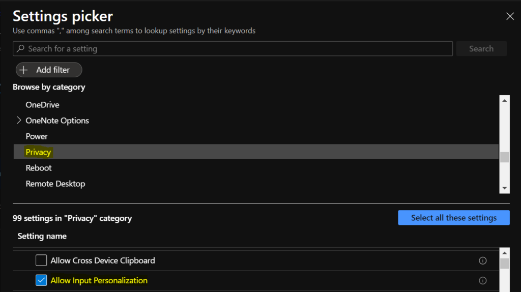 Settings picker – Privacy >Allow Input Personalization