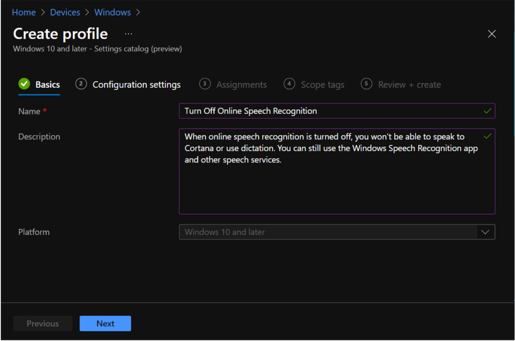 Turn Off Online Speech Recognition Using Intune MEM 3 Create Profile - Turn Off Online Speech Recognition