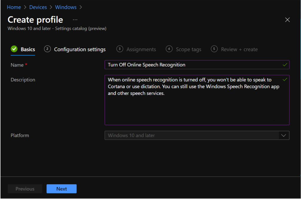 Create Profile - Turn Off Online Speech Recognition 