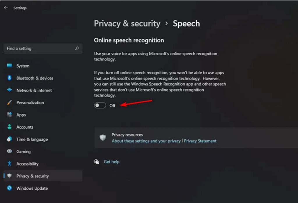 Privacy & Security > Speech - Online Speech Recognition 