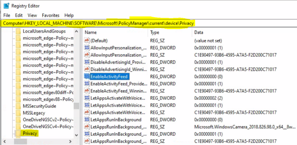 Turn Off Windows Activity History Timelines using Intune 12 Registry - Turn Off Windows Activity History Timelines
