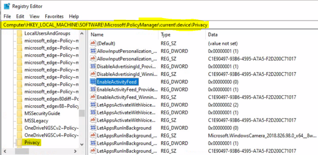 Registry - Turn Off Windows Activity History Timelines