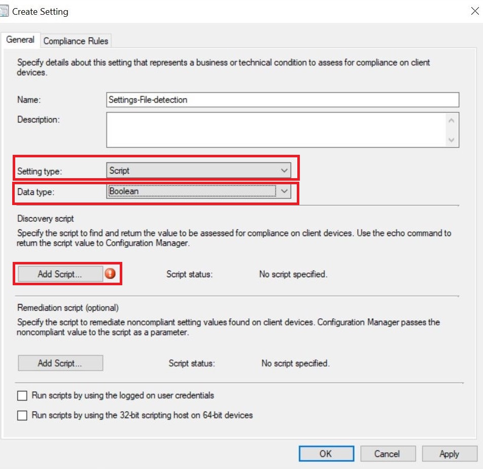 Create Settings > Add Discovery Script - SCCM Baseline Powershell Script For File Detection