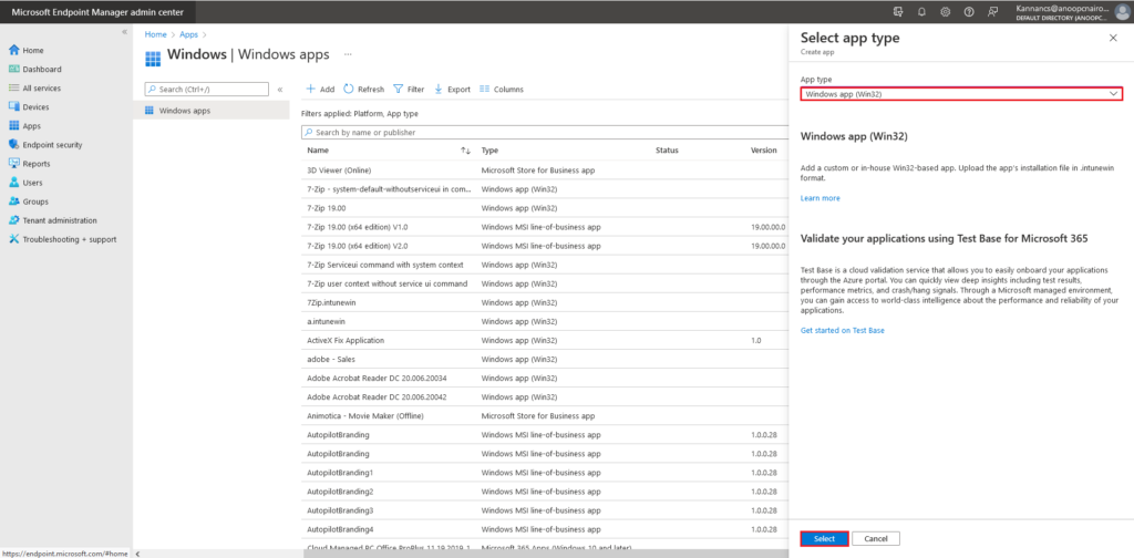 SCCM Client Installation using Microsoft Intune - Select the Windows  App (Win32) type