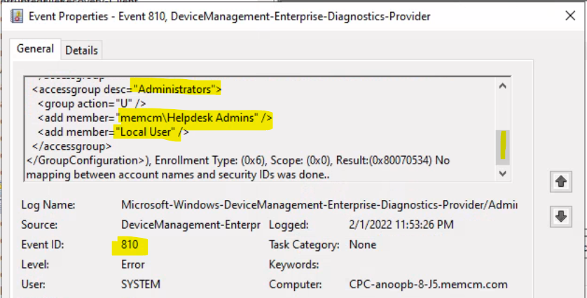 Local User Group Management Policy Error 0x80070534