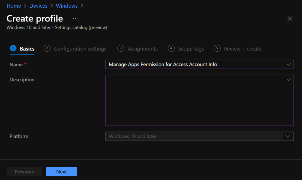 Manage Apps Access Permission for Account Info Using Intune