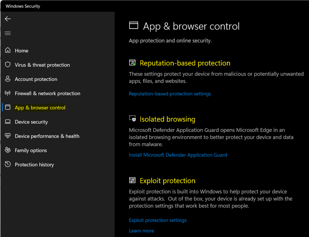 App & browser control Protection with Microsoft Defender 