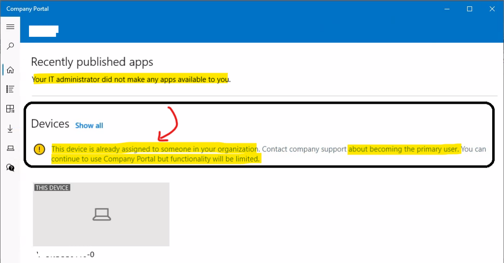 Company Portal Issues After Reassignment of an AVD Personal Virtual Desktop