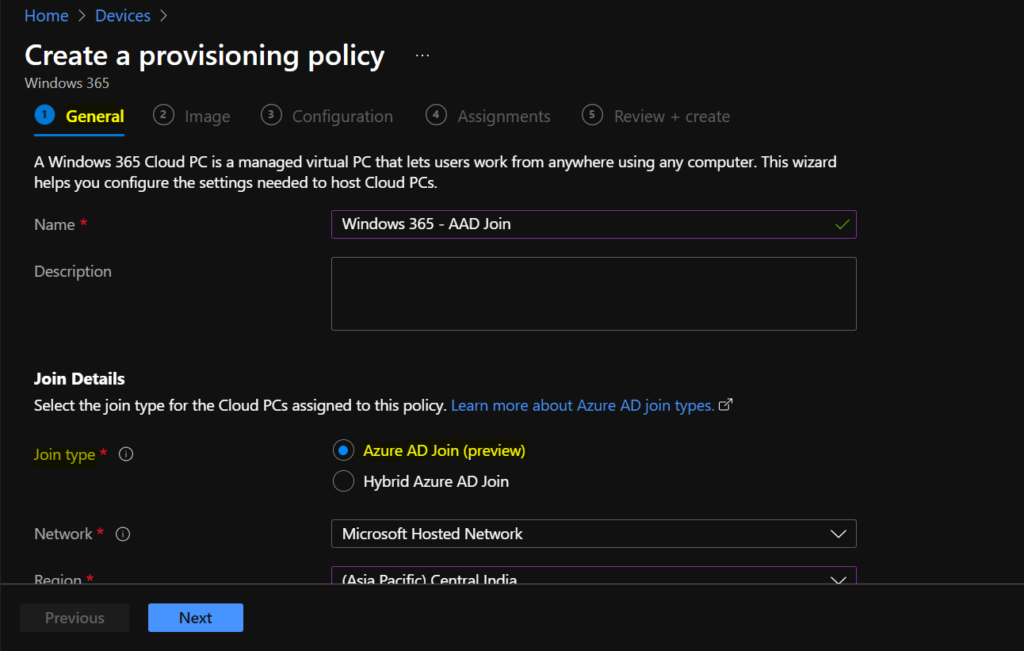 Create Provisioning Policies - Windows 365 Cloud PC Azure AD Joined Provisioning Process