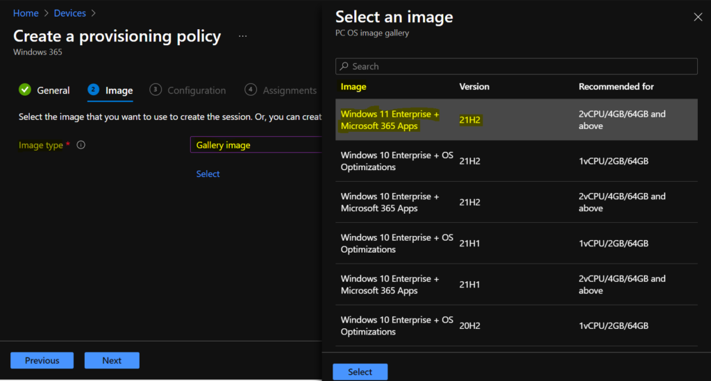 Select Image - Windows 365 Cloud PC Azure AD Joined Provisioning Process