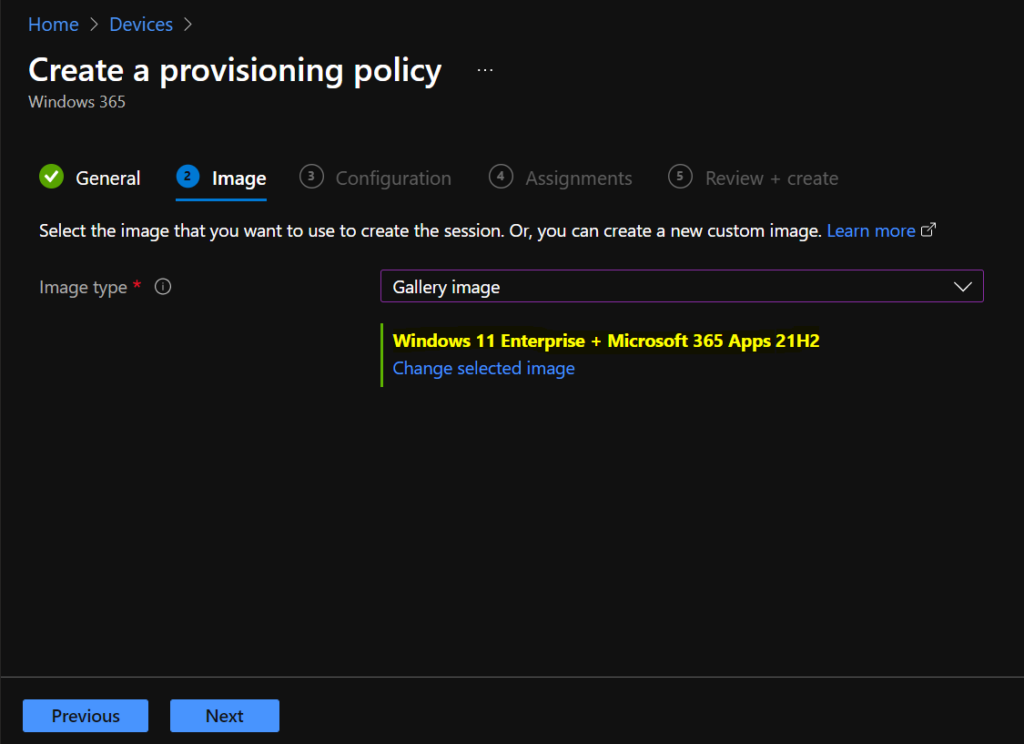 Select Image - Windows 365 Cloud PC Azure AD Joined Provisioning Process