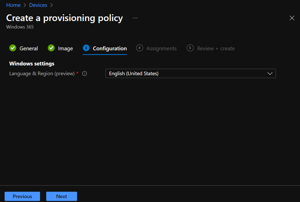 Select Windows settings - Windows 365 Cloud PC Azure AD Joined Provisioning Process