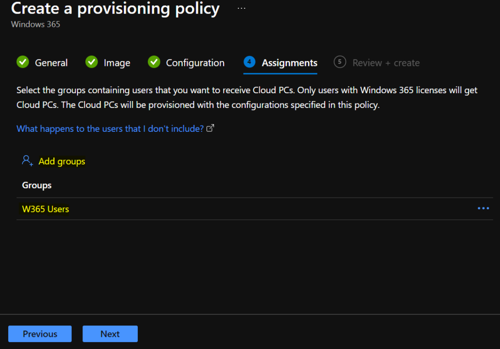 Add Groups - Windows 365 Cloud PC Azure AD Joined Provisioning Process