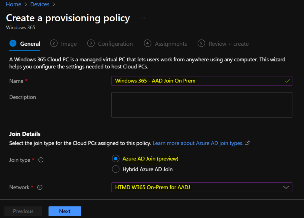 Azure AD Join On Prem Connection - Windows 365 Cloud PC Azure AD Joined Provisioning Process