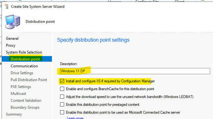 SCCM Distribution Point Settings for Windows 11 PC