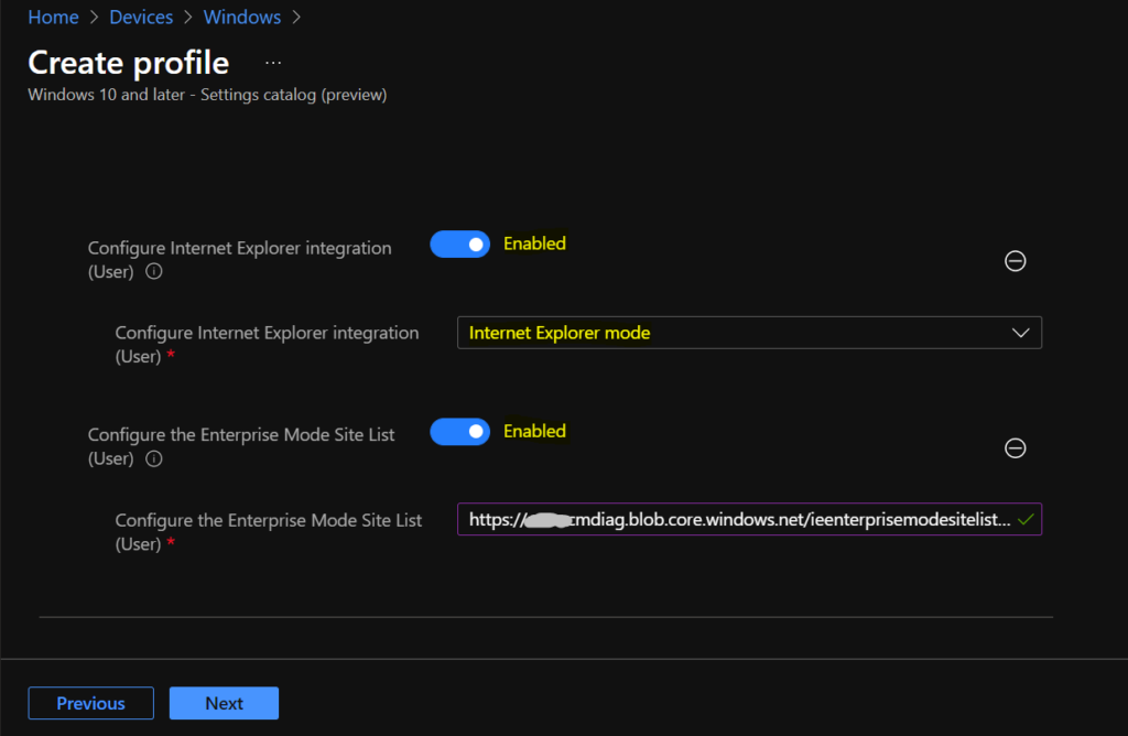 Configure the policy - Configure Enterprise Mode Site List using Intune