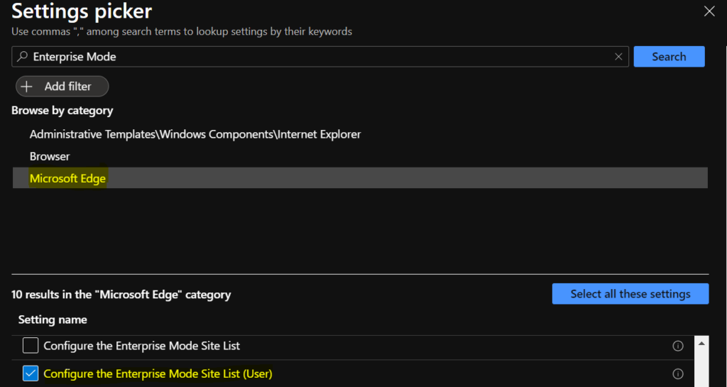 Settings Picker - Configure Enterprise Mode Site List using Intune