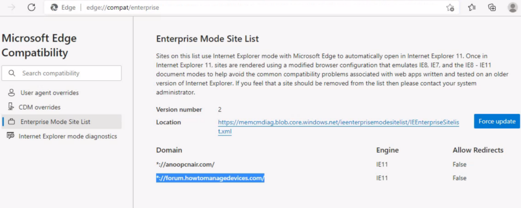 IE Mode Enabled in Edge - Configure Enterprise Mode Site List using Intune