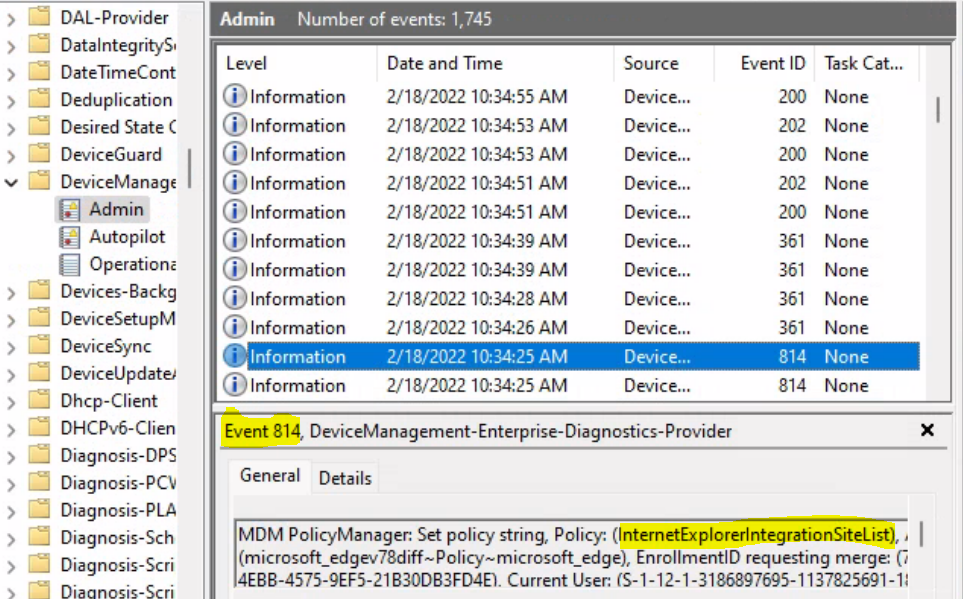 Event Logs - Configure Enterprise Mode Site List using Intune