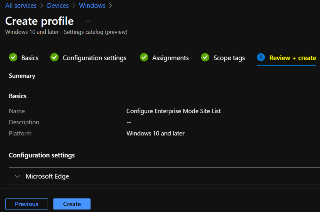 Review Policy - Configure Enterprise Mode Site List using Intune