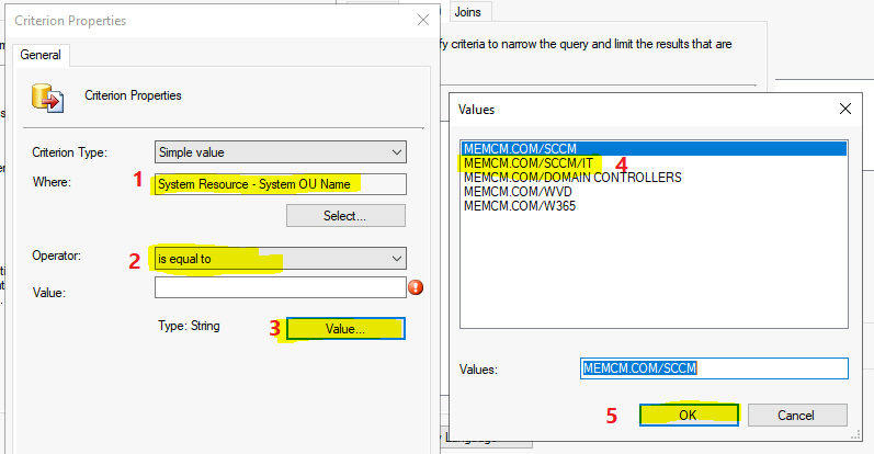 Create WQL Query for Active Directory OU Devices