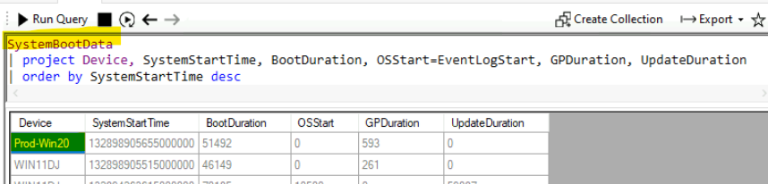 Windows 11 Device start time using the CMPivot query