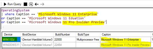 List Window 11 Devices using SCCM CMPivot Query based on OS Caption