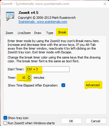 ZoomIt Free Presentation Tool for Windows 11 ZoomIt Break Options in Presentation or Training Session