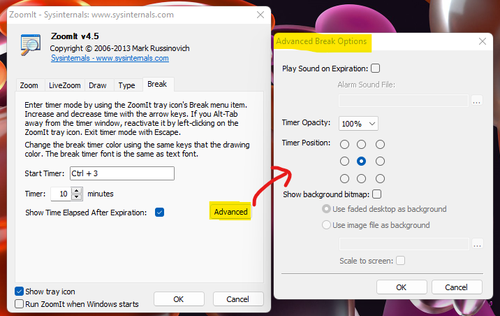 ZoomIt Free Presentation Tool for Windows 12 ZoomIt Break Options in Presentation or Training Session