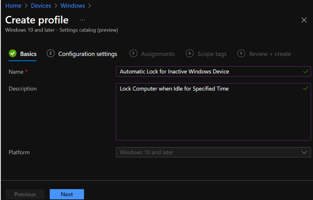 Name and Descriptions for policy - Set Automatic Lock Screen for Inactive Device Using Intune