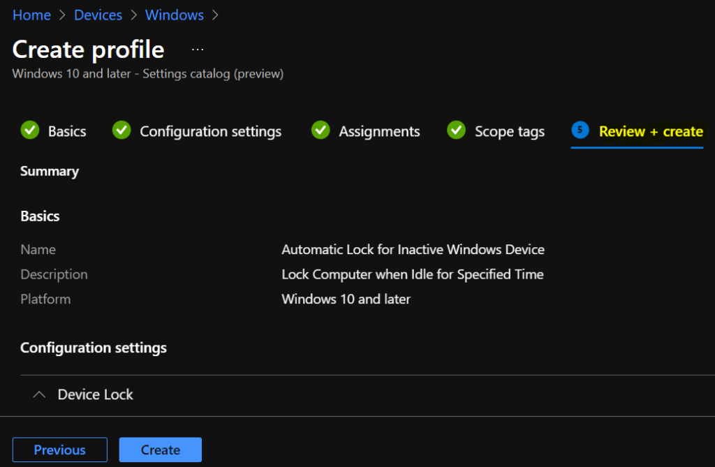 Review Policy - Set Automatic Lock Screen for Inactive Device Using Intune