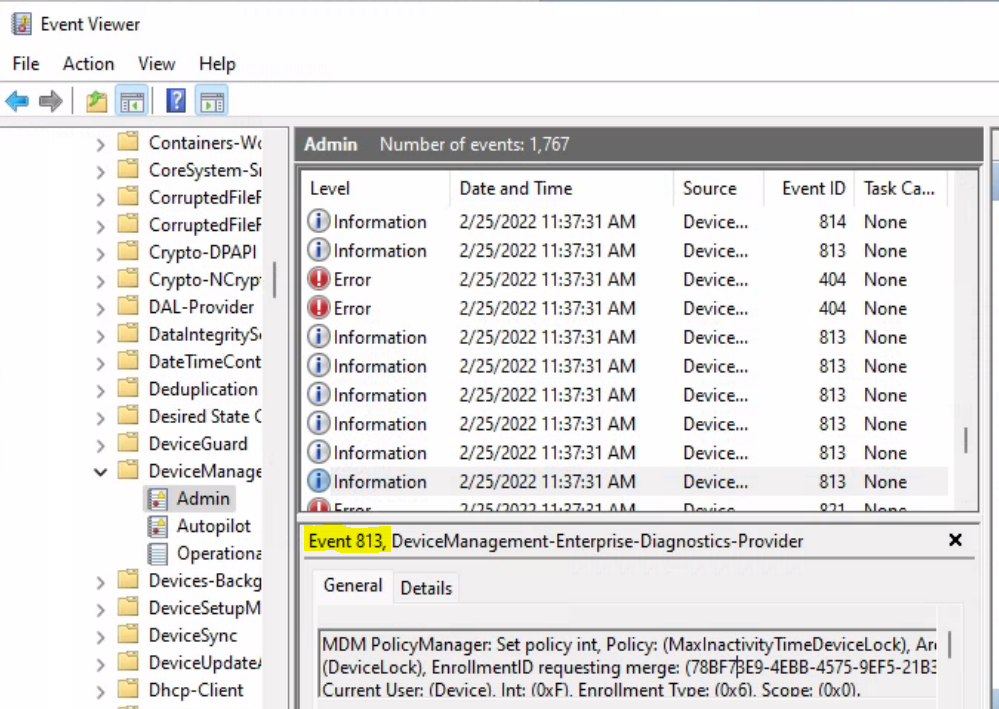 Event Logs - Set Automatic Lock Screen for Inactive Device Using Intune