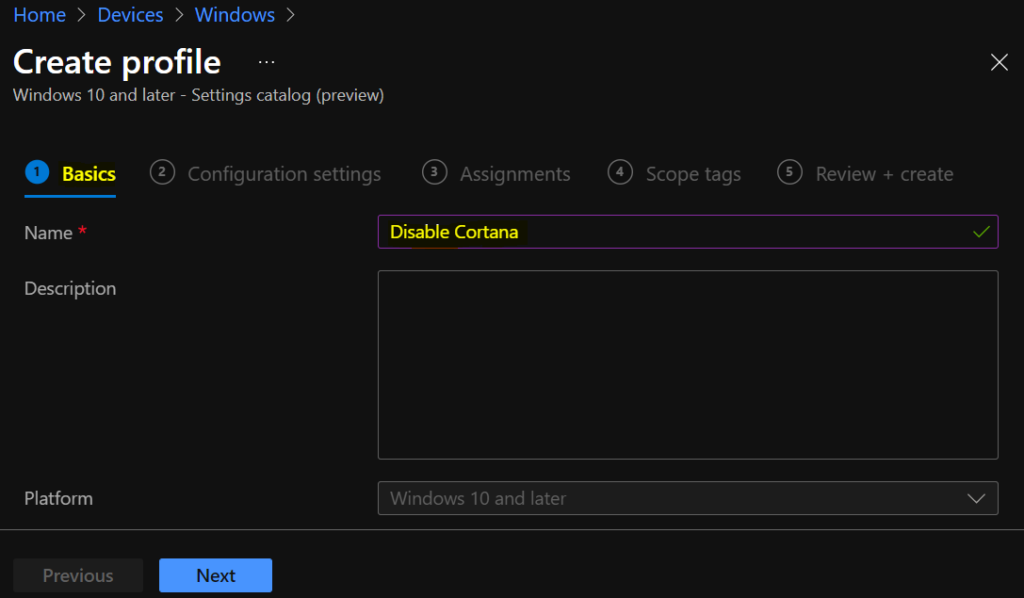 Disable Cortana Using Intune