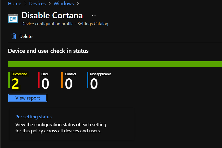 Reports - Disable Cortana Using Intune MEM