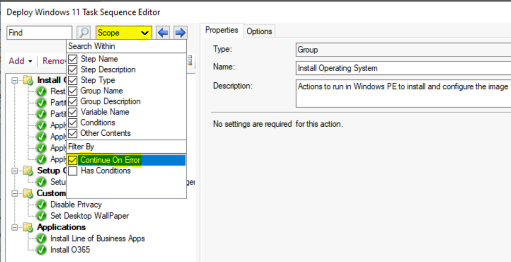 Easily Find SCCM Task Sequence Continue on Error Step 1