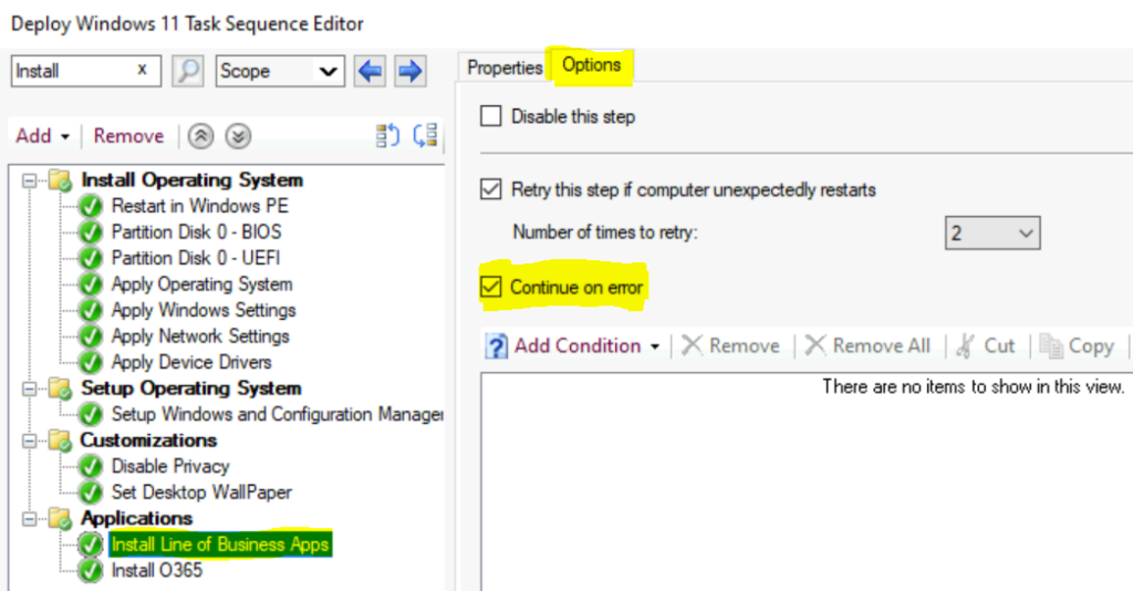 Validate Task Sequence Step Options Tab - Find SCCM Task Sequence Continue on Error Step 