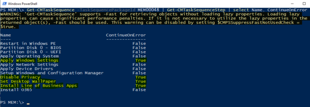 Results PowerShell Command - Find SCCM Task Sequence Continue on Error Step