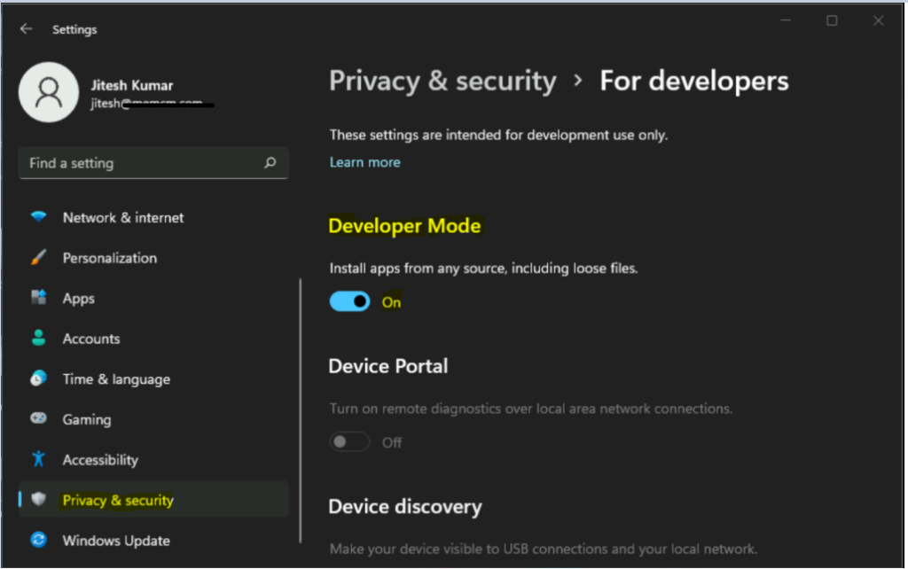 windows 11 developer settings