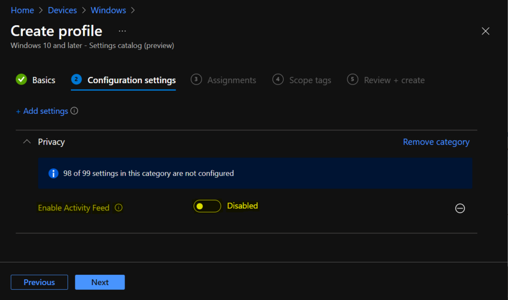 Turn Off Windows Activity History Timelines using Intune 6 Enable Activity Feed - Disabled | Turn Off Windows Activity History Timelines