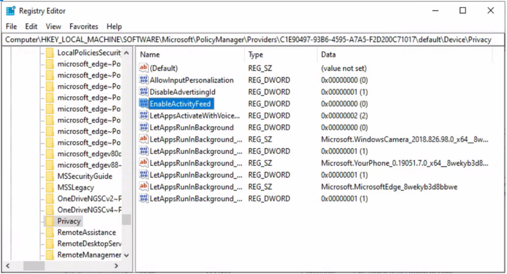 Turn Off Windows Activity History Timelines using Intune 11 Registry - Turn Off Windows Activity History Timelines