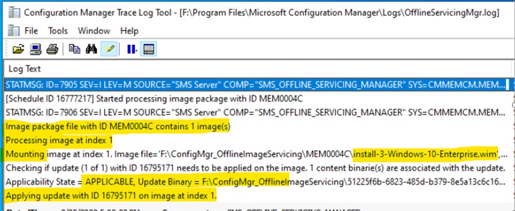 Check SCCM Schedule Update Progress via OfflineServicingMgr.log