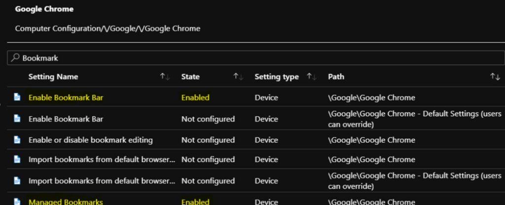 Google Chrome Enable Bookmark Managed Bookmarks - Intune Google Chrome Administrative Templates