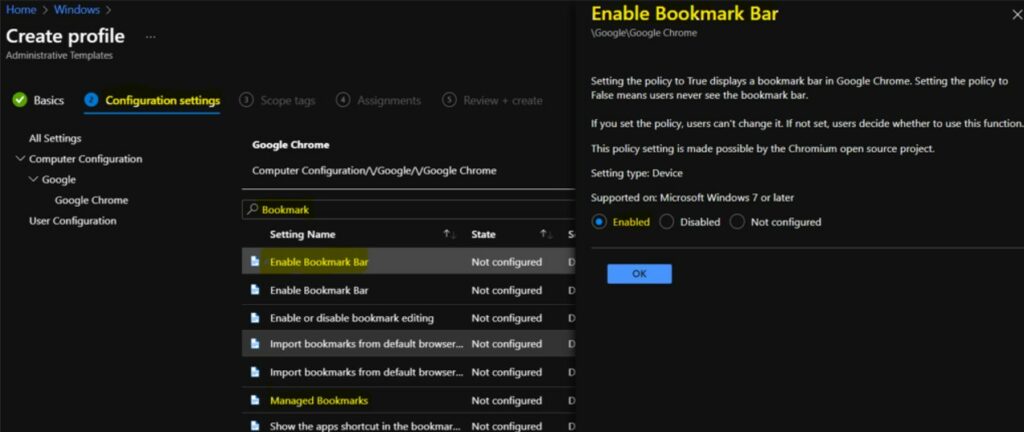 Google Chrome Enable Boookmark Bar Specify Name - Configure Google Chrome Bookmarks using Intune