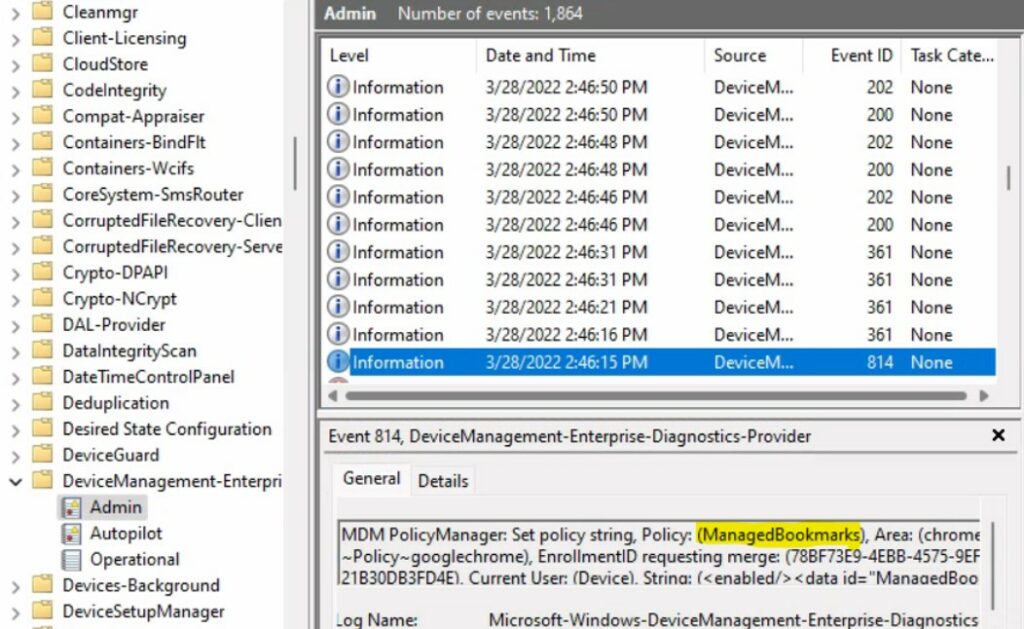 Google Chrome Enable Boookmark Event IDs Event logs - Configure Google Chrome Bookmarks using Intune